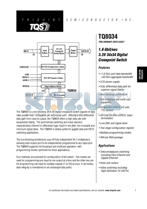 TQ8034 datasheet - 1.6 Gbit/sec 3.3V 34x34 Digital Crosspoint Switch
