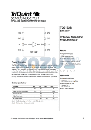 TQ9132B datasheet - 3V Cellular TDMA/AMPS Power Amplifier IC