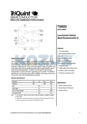TQ9203 datasheet - Low-Current Cellular Band Downconverter IC