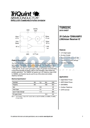 TQ9223C datasheet - 3V Cellular TDMA/AMPS LNA/mixer Receiver IC