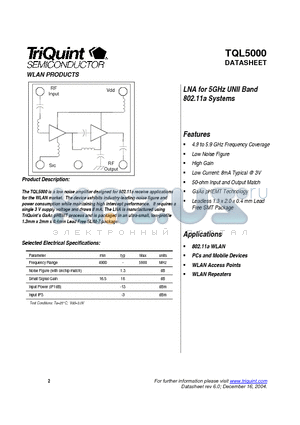 TQL500 datasheet - LNA for 5GHz UNII Band 802.11a Systems