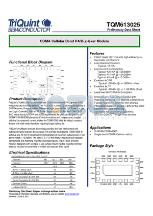 TQM613025 datasheet - CDMA Cellular Band PA/Duplexer Module