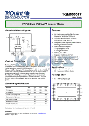 TQM666017 datasheet - 3V PCS Band WCDMA PA-Duplexer-Module