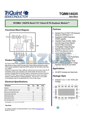 TQM616025 datasheet - WCDMA / HSUPA Band V/VI Tritium III PA Duplexer Module