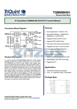 TQM6M4001 datasheet - 3V Quad-Band GSM850/900 DCS/PCS Transmit Module