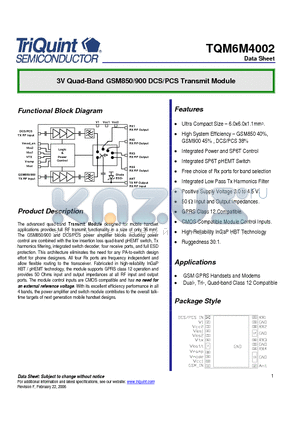 TQM6M4002 datasheet - 3V Quad-Band GSM850/900 DCS/PCS Transmit Module