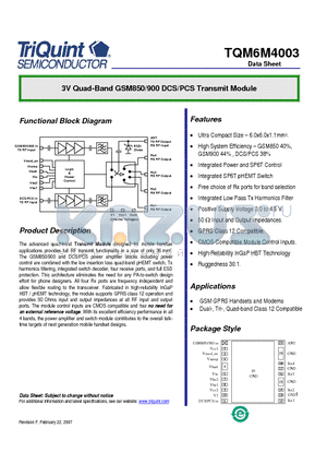 TQM6M4003 datasheet - 3V Quad-Band GSM850/900 DCS/PCS Transmit Module