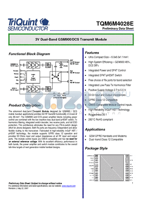 TQM6M4028E datasheet - 3V Dual-Band GSM900/DCS Transmit Module