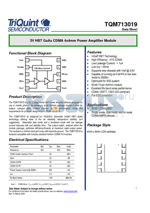 TQM713019 datasheet - 3V HBT GaAs CDMA 4x4mm Power Amplifier Module