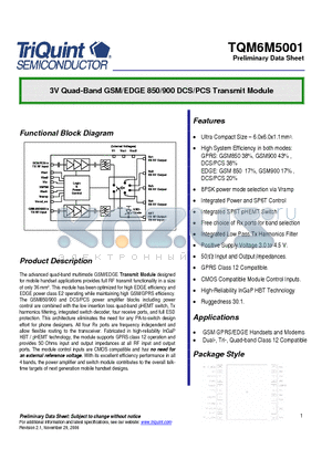 TQM6M5001 datasheet - 3V Quad-Band GSM/EDGE 850/900 DCS/PCS Transmit Module