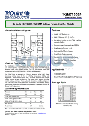 TQM713024 datasheet - 3V GaAs HBT CDMA / WCDMA Cellular Power Amplifier Module