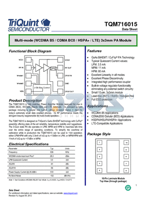 TQM716015 datasheet - Multi-mode (WCDMA B5 / CDMA BC0 / HSPA / LTE) 3x3mm PA Module