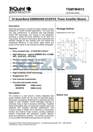 TQM7M4012 datasheet - 3V QUAD - BRAND GSM850/900 DCS/PCS POWER AMPLIFIER MODULE