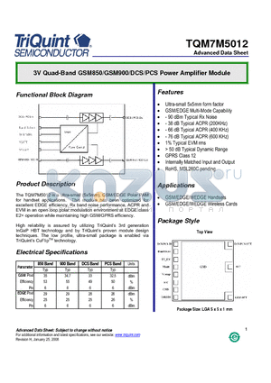 TQM7M5012 datasheet - 3V Quad-Band GSM850/GSM900/DCS/PCS Power Amplifier Module