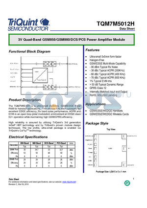 TQM7M5012H datasheet - 3V Quad-Band GSM850/GSM900/DCS/PCS Power Amplifier Module