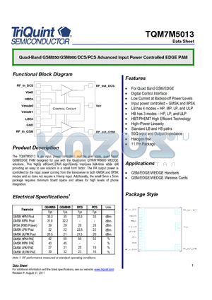 TQM7M5013 datasheet - Quad-Band GSM850/GSM900/DCS/PCS Advanced Input Power Controlled EDGE PAM