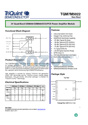 TQM7M5022 datasheet - 3V Quad-Band GSM850/GSM900/DCS/PCS Power Amplifier Module