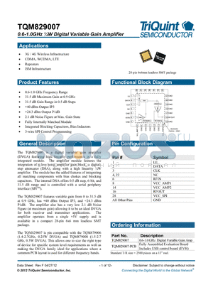 TQM829007 datasheet - 0.6-1.0GHz lW Digital Variable Gain Amplifier