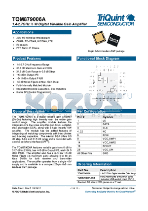 TQM879006A datasheet - 1.4-2.7GHz W Digital Variable Gain Amplifier