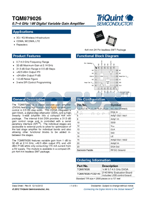 TQM879026 datasheet - 0.74 GHz lW Digital Variable Gain Amplifier