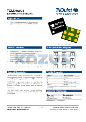 TQM966025-EVB datasheet - B25 BAW Diversity Rx Filter