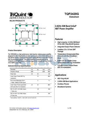 TQP2420G datasheet - 2.4GHz ISM Band InGaP HBT Power Amplifier