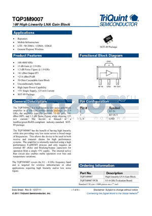 TQP3M9007-PCB datasheet - W High Linearity LNA Gain Block