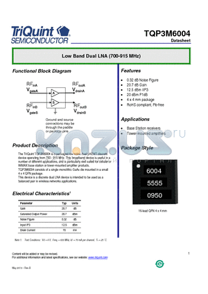 TQP3M6004 datasheet - Low Band Dual LNA (700-915 MHz)