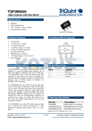 TQP3M9009 datasheet - High Linearity LNA Gain Block