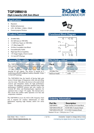 TQP3M9018 datasheet - High Linearity LNA Gain Block