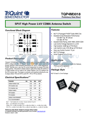 TQP4M3018 datasheet - SP3T High Power 2.6V CDMA Antenna Switch