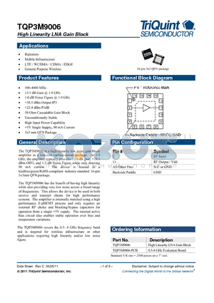 TQP3M9006 datasheet - High Linearity LNA Gain Block