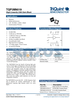 TQP3M9019-PCB_RF datasheet - High Linearity LNA Gain Block