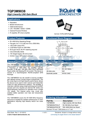 TQP3M9038-PCB_IF datasheet - High Linearity LNA Gain Block