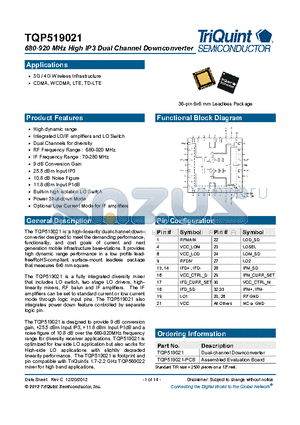 TQP519021-PCB datasheet - 680-920 MHz High IP3 Dual Channel Downconverter