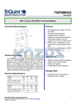 TQP6M9002 datasheet - 802.11b/g/n WLAN/BT Front-End Module
