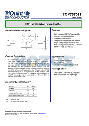 TQP787011 datasheet - 802.11a 5GHz WLAN Power Amplifier