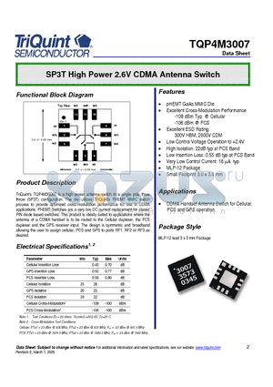 TQP4M3007 datasheet - SP3T High Power 2.6V CDMA Antenna Switch