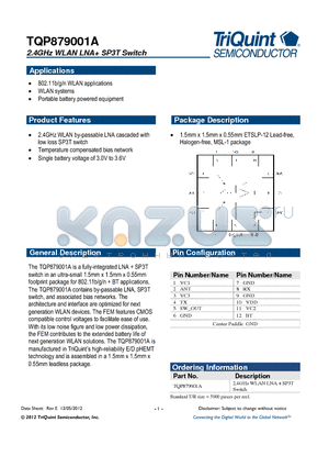 TQP879001A datasheet - 2.4GHz WLAN LNA SP3T Switch