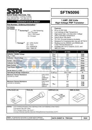 TR0124A datasheet - 1 AMP, 500 Volts High Voltage PNP Transistor