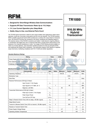 TR1000 datasheet - 916.50 MHz Hybrid Transceiver