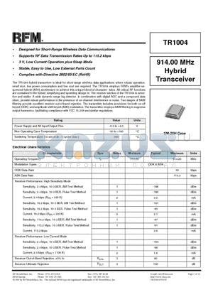 TR1004 datasheet - 914.00 MHz Hybrid Transceiver