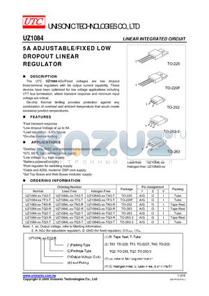 UZ1084-XX-TA3-T datasheet - 5A ADJUSTABLE/FIXED LOW DROPOUT LINEAR REGULATOR