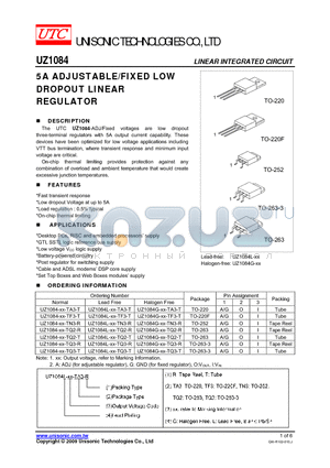 UZ1084-XX-TN3-R datasheet - 5A ADJUSTABLE/FIXED LOW DROPOUT LINEAR REGULATOR