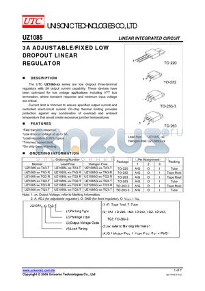 UZ1085-XX-TA3-T datasheet - 3A ADJUSTABLE/FIXED LOW DROPOUT LINEAR REGULATOR