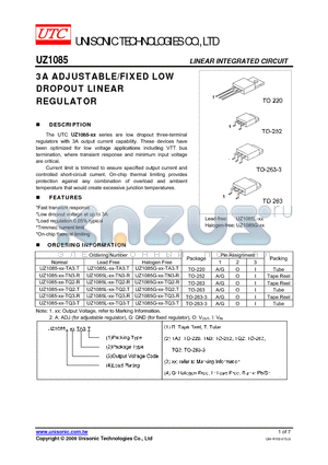 UZ1085-XX-TQ2-T datasheet - 3A ADJUSTABLE/FIXED LOW DROPOUT LINEAR REGULATOR