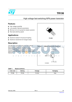 TR136 datasheet - High voltage fast-switching NPN power transistor