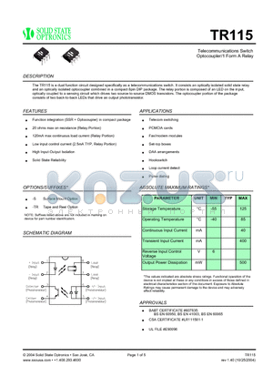 TR115 datasheet - Telecommunications Switch Optocoupler/1 Form A Relay