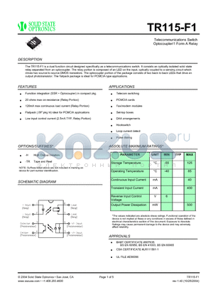TR115-F1 datasheet - Telecommunications Switch Optocoupler/1 Form A Relay