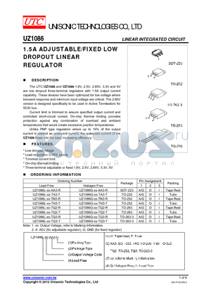 UZ1086G-XX-AA3-R datasheet - 1.5A ADJUSTABLE/FIXED LOW DROPOUT LINEAR REGULATOR